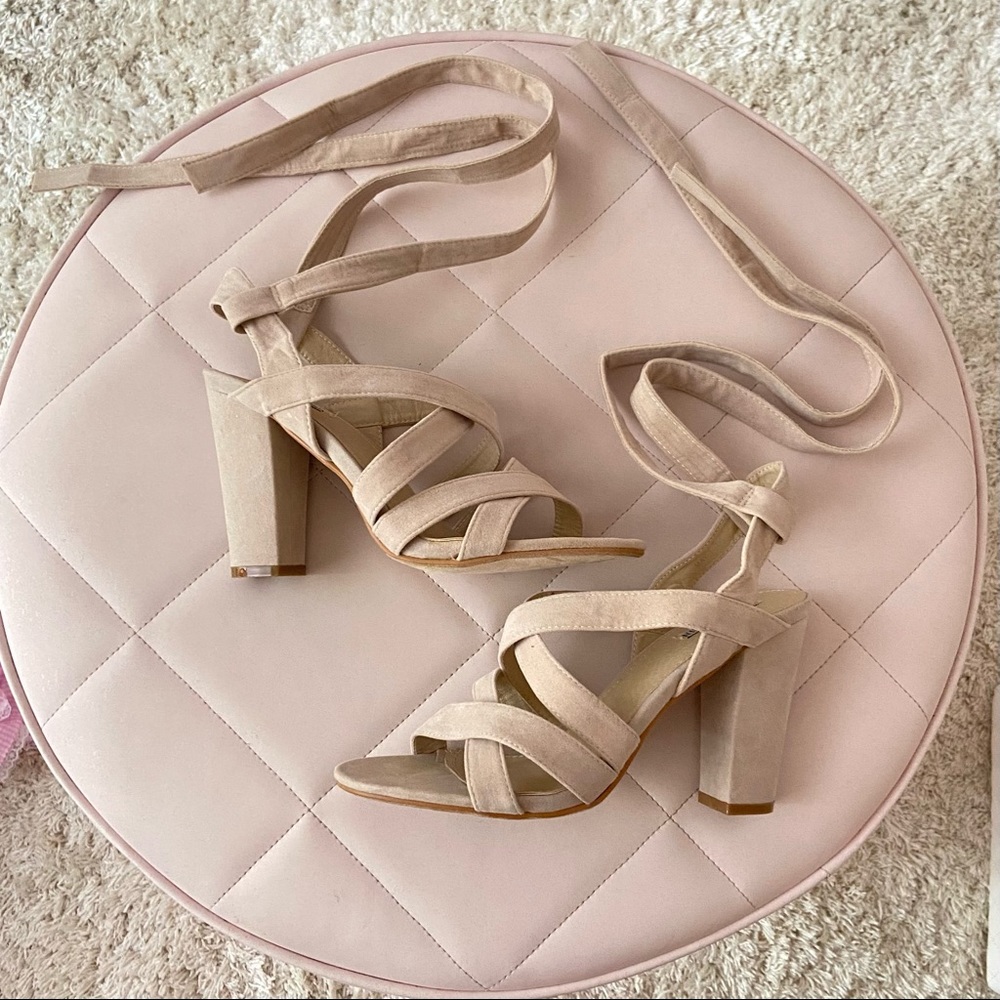 Blush suede lace up heels